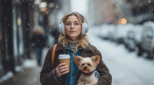 Stylish woman walks with dog in snow. Wearing headphones, holding coffee, brown jacket. A winter scene. Snow falling.