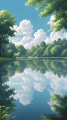 Serene Lake Reflecting Lush Green Trees and Clouds.