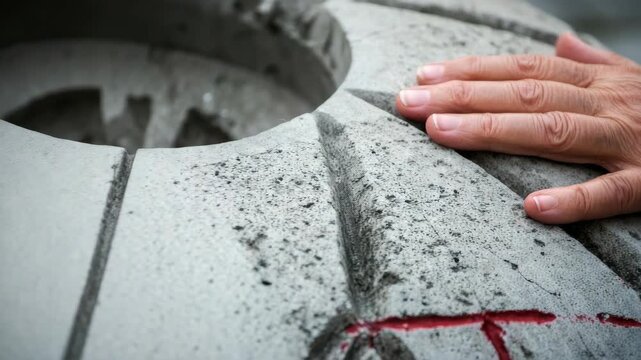 Elderly hand touching engraved stone, symbolizing memory and reflection