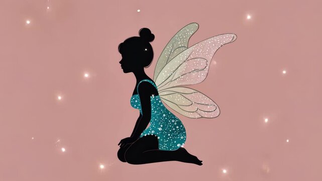 Beautiful fashion illustration of a dancing woman in a red dress with flowing hair and butterfly wings, an angel silhouette art