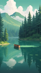 Serene Lake with Lone Wooden Boat and Misty Mountains.