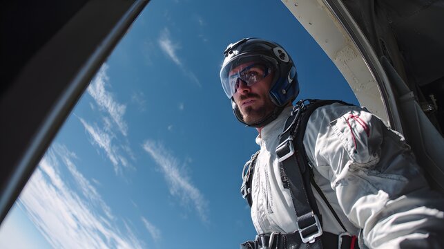 Skydiving Adventurer: Poised at plane door, adrenaline pumping, with blue sky peeking in. Ready for the ultimate thrill!
