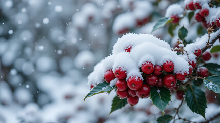 Red berries covered in snow sit on a green holly branch in a snowy, winter scene.