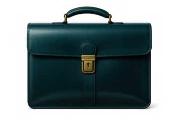 Closed teal leather briefcase with brass lock isolated on transparent background, embodying professionalism and style