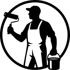 House Painter Logo &ndash; Black and White Vector Emblem with Paint Roller and Bucket