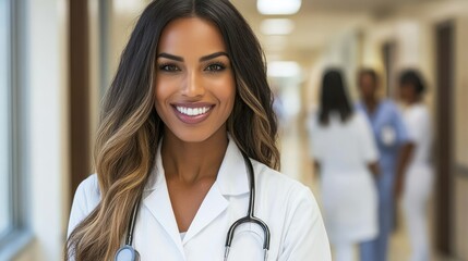 Smiling doctor hallway portrait, healthcare background