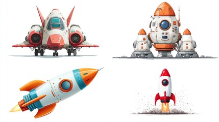 Whimsical illustrations of various spacecraft, ready for interstellar voyages