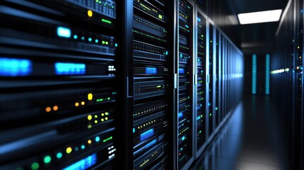 Data center server room, network infrastructure, glowing lights, background corridor, technology