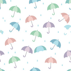 Cute Seamless Pattern of Pastel Umbrellas and Raindrops - Vector Background for Rainy Weather, Kids' Apparel, and Sweet Spring Designs.