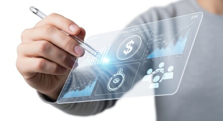 Hand Interacting with Futuristic Transparent Display Showing Financial Analytics and KPIs