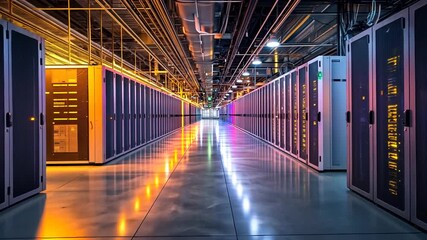 Impressive server room with powerful servers and colorful lights for cloud computing technology infrastructure data center digital storage network futuristic environment concept - Powered by Adobe