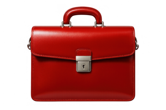 Stylish red leather briefcase isolated on transparent background, representing business, finance, and professional life