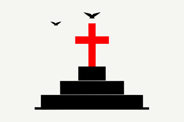 Red cross atop black pyramid with birds flying