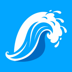 Stylized blue ocean wave with white foam and splashes
