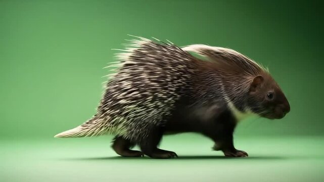 Closeup of a young hedgehog walking on a vibrant green background with detailed spines and curious movements