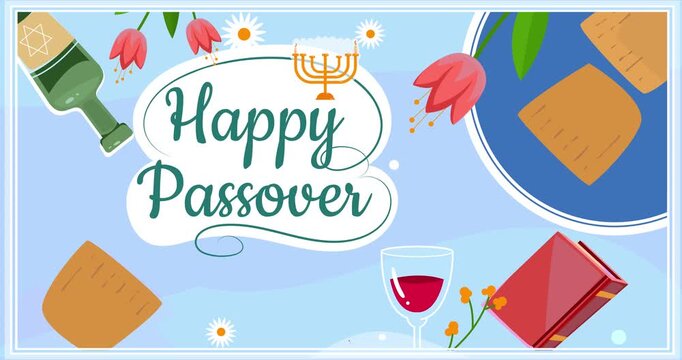 Happy Passover. Moving banner or greeting card with Wine, food and flowers to celebrate religious Jewish holiday. Design element for the festival of Judaism culture. Flat graphic animated cartoon