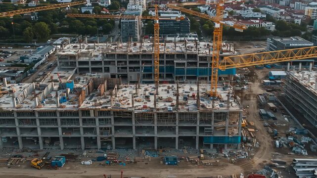 Drone shot of a multi-story building under construction with cranes