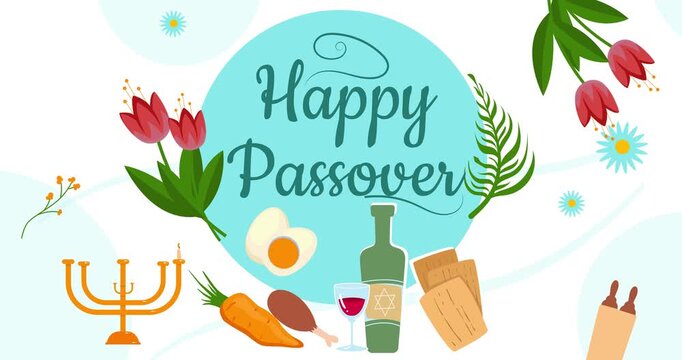 Happy Passover. Moving banner or greeting card with Wine, Matzah and Pesach for celebrating religious Jewish holiday. Design element for Judaic Culture Festival. Flat graphic animated cartoon