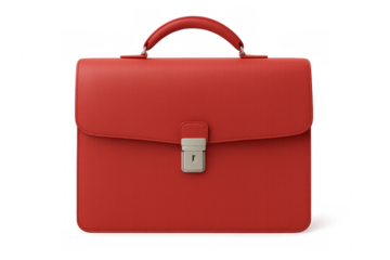 Red leather briefcase with combination lock closing, isolated on transparent background, representing business and finance