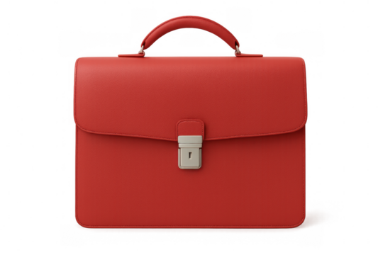 Red leather briefcase with combination lock closing, isolated on transparent background, representing business and finance