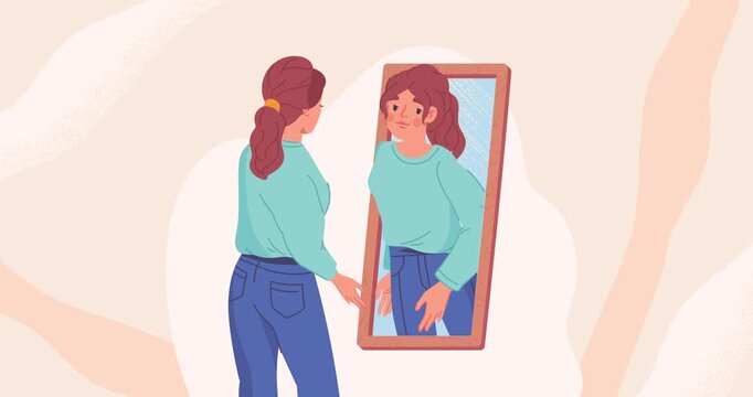 Self love concept. Moving banner with happy smiling girl standing in front of mirror and hugging her reflection. Mental health, optimism and self acceptance. Flat graphic animated cartoon