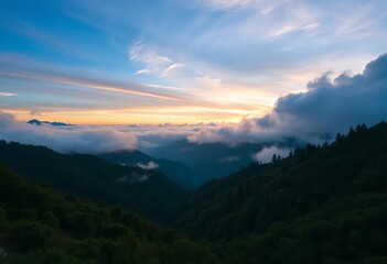 Fototapeta premium Misty clouds engulfing a serene mountain valley at sunrise, tranquil, sunrise