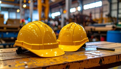 Labor Day: Yellow Hard Hats on a Work Table in an Industrial Setting, Working Class Tribute Photo