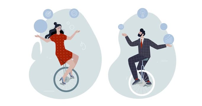 Multitasking and Productivity. Moving banner with entrepreneurs and office employees riding unicycle and juggling tasks and projects. Time management and efficiency. Flat graphic animated cartoon