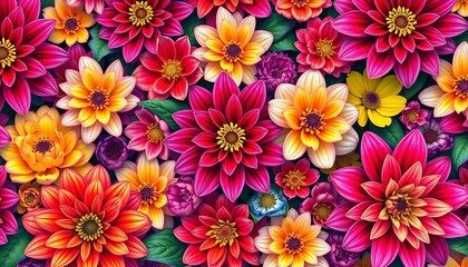 Intricate blooming flowers in vibrant hues, seamlessly repeating, texture, yellow