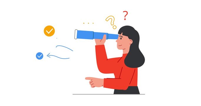Searching life path. Moving banner with thoughtful woman looking through telescope, peering into unknown future and finding her identity. Important key points. Flat graphic animated cartoon
