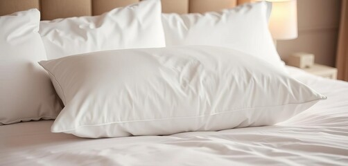 Fluffy white hotel pillow on crisp white bedding, serene, tourism