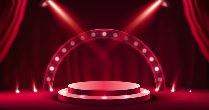 Luxury 3D podium. Moving Advertising banner or background with red spotlight, curtains, stage or platform for product presentation or awarding. Winner Award Ceremony. Realistic 3D animated graphic