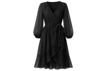 Naklejka premium Studio shot of a stylish black dress with long sleeves, a v-neck, and a tied waist, isolated on a transparent background, perfect for fashion projects