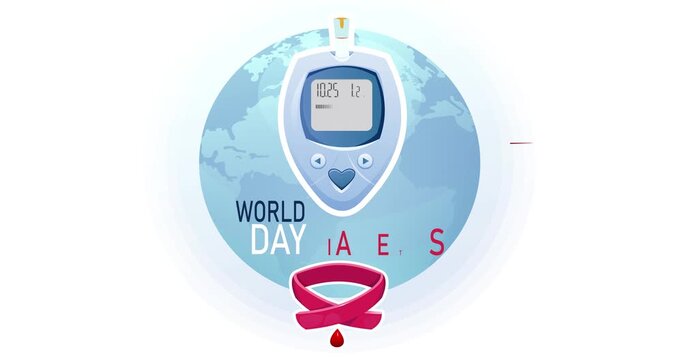 World Diabetes day. Moving Banner with red ribbon, glucometer or blood glucose monitor. Design for primary global awareness campaign focusing on diabetes. Flat graphic animated cartoon
