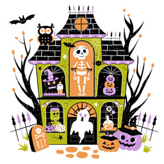 Halloween Haunted House with Characters — Detailed Cartoon Vector Illustration for Kids and Party Backgrounds