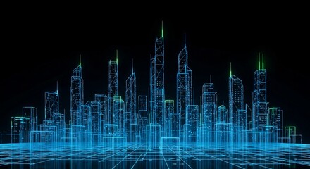 Futuristic digital cityscape rendered in glowing blue and green wireframe against a dark background, representing advanced technology and urban development.