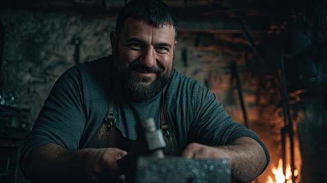 A smiling blacksmith at work in a dark workshop. - Powered by Adobe