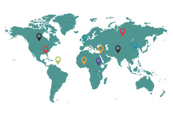 Obraz premium Color-coded world map with location markers on different continents. Vector illustration