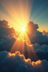 Fototapeta premium Golden sunbeams burst through clouds, illuminating landscape , sky, beams, rays