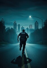 Obraz premium A police officer sprints along the center of a vacant downtown Atlanta road at night, with the city skyline behind him and a lone streetlight casting light beneath a deep blue sky. 