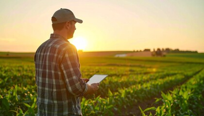 Modern Farmer Using Tablet in Corn Field at Sunset: Labor Day Tribute to Agriculture