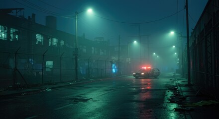 A dim, fog-covered street illuminated by distant police car neon lights, with a broken fence beside a deserted warehouse.

