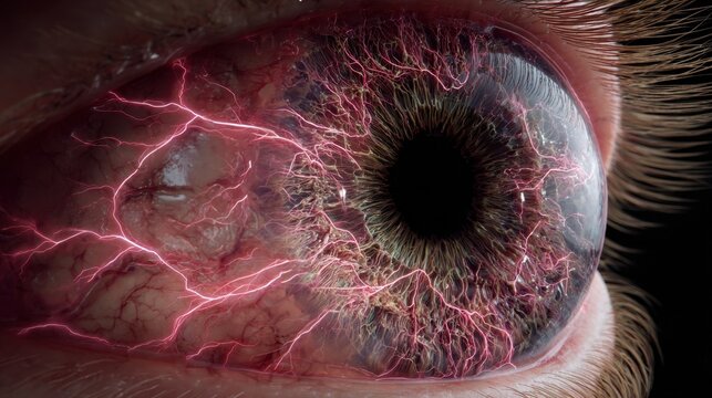 Side view of an eye with pronounced neon pink veins spreading throughout the conjunctiva capturing earlystage conjunctivitis.