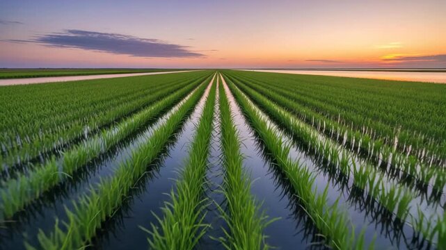 Sunrise Over Rice Fields: Serene Reflections and Tranquil Rural Landscape at Dawn