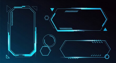 Futuristic HUD interface elements with glowing blue outlines, including rectangular and hexagonal shapes, on a dark background.