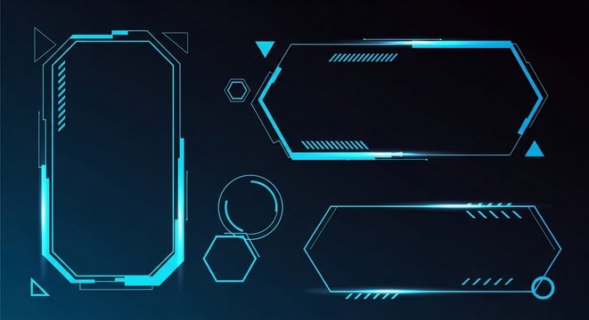 Futuristic HUD interface elements with glowing blue outlines, including rectangular and hexagonal shapes, on a dark background.