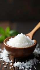 Coarse sea salt in a wooden bowl with spoon on crown background , wooden spoon, natural salt