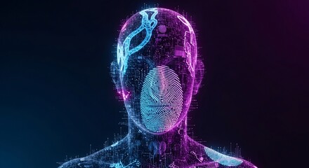 Abstract digital representation of a human head, vibrant neon colors, intricate network design.