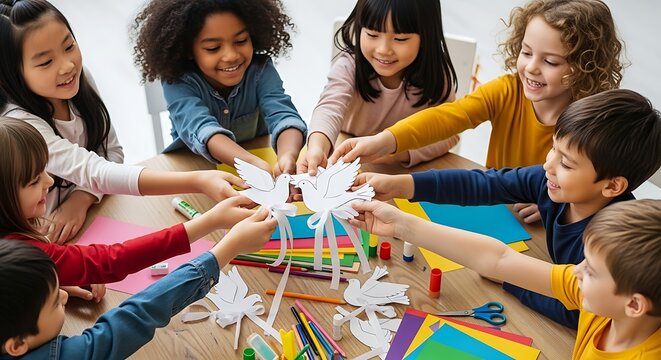 A diverse group of children creating art and craft with glue and paper, celebrating the value of creativity. 