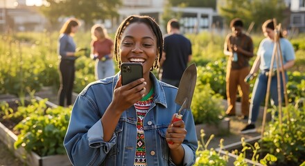 Smiling woman holding phone and garden tools in a community garden. 